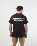 Artifact Made For Climbing Man wearing black 100% cotton t-shirt (back)