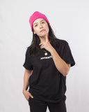Woman wearing black 100% cotton t-shirt (front)